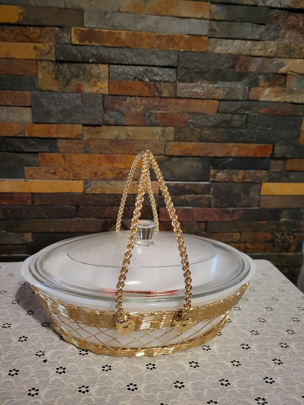 Vintage 1950s Glasbake Oval Casserole NOS with Original Sticker, Basket, Lid